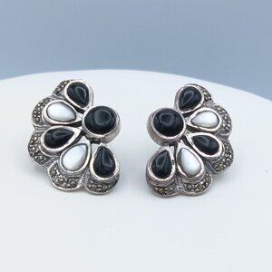 Vintage Sterling Silver ART DECO Onyx Mother of Pearl & Marcasite Earrings